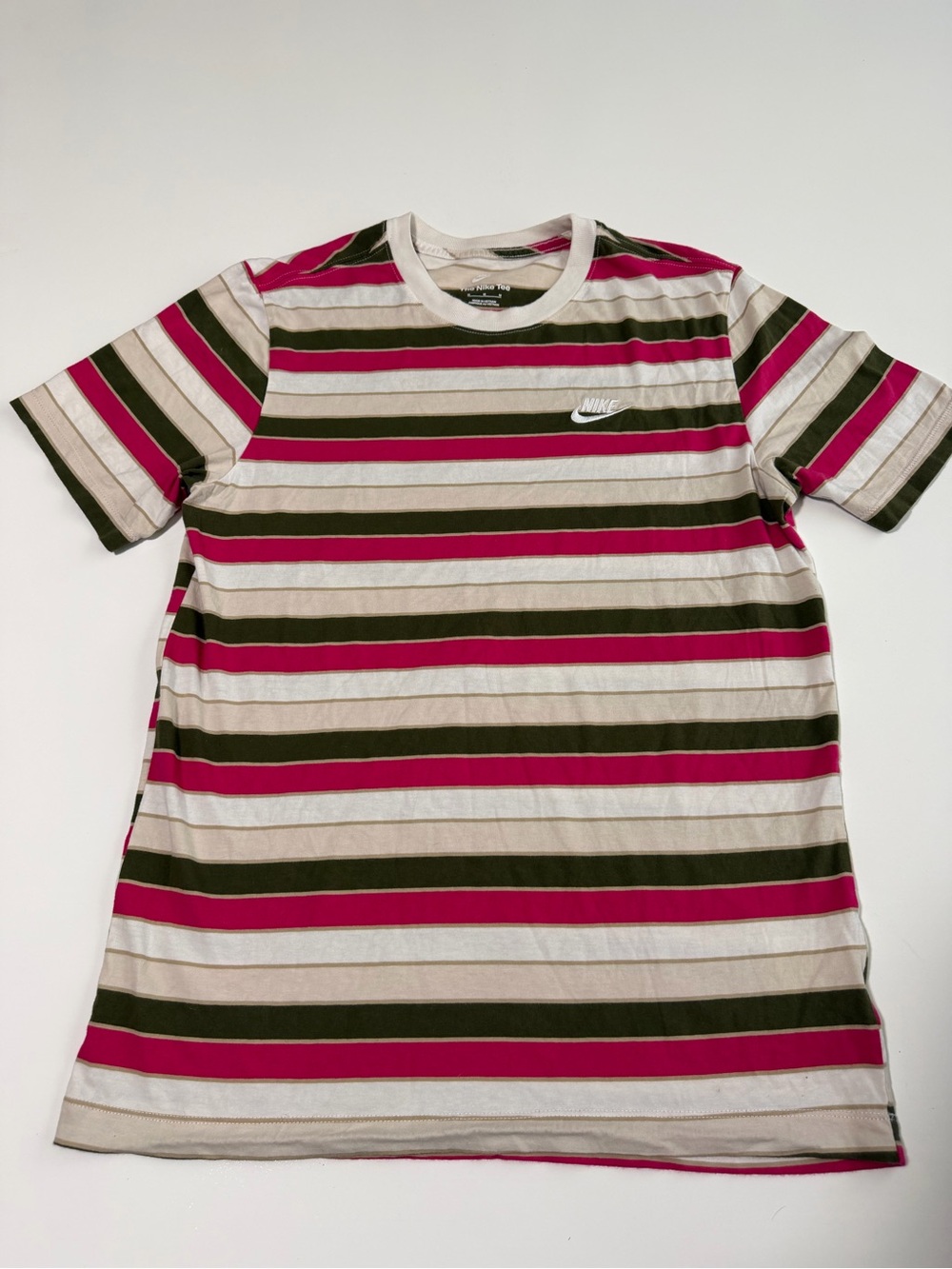 Nike Striped Crew Neck T-Shirt in Fuchsia, Olive & Cream